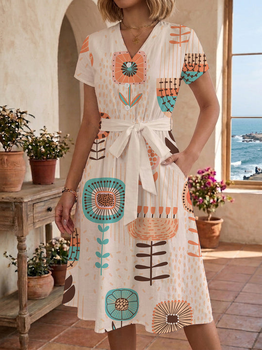 Damen Midikleid mit farbenfrohem Blumendesign und taillierbarem Bindegürtel EB