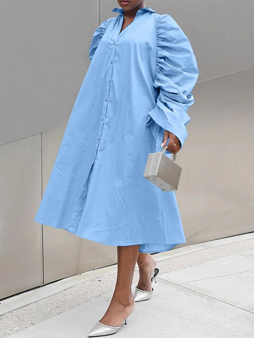 Damen Hemdblusenkleid mit voluminösen Puffärmeln und eleganter Knopfleiste EB