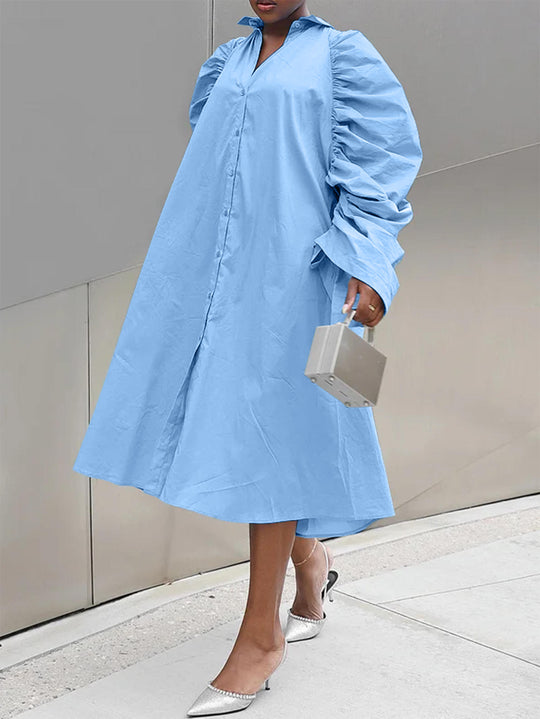 Damen Hemdblusenkleid mit voluminösen Puffärmeln und eleganter Knopfleiste EB