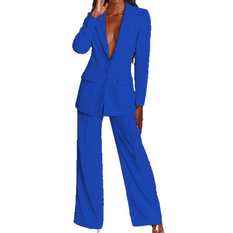 Damen nan taillierter Ein-Knopf-Blazer mit Pattentaschen und weiter Palazzo-Hose Hosenanzug EB