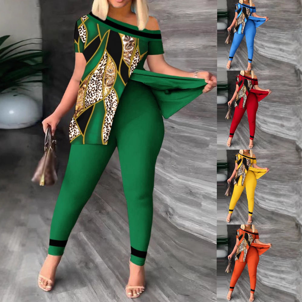 Damen modernes und elegantes Set mit asymmetrischem Oberteil und figurbetonten Hosen EB