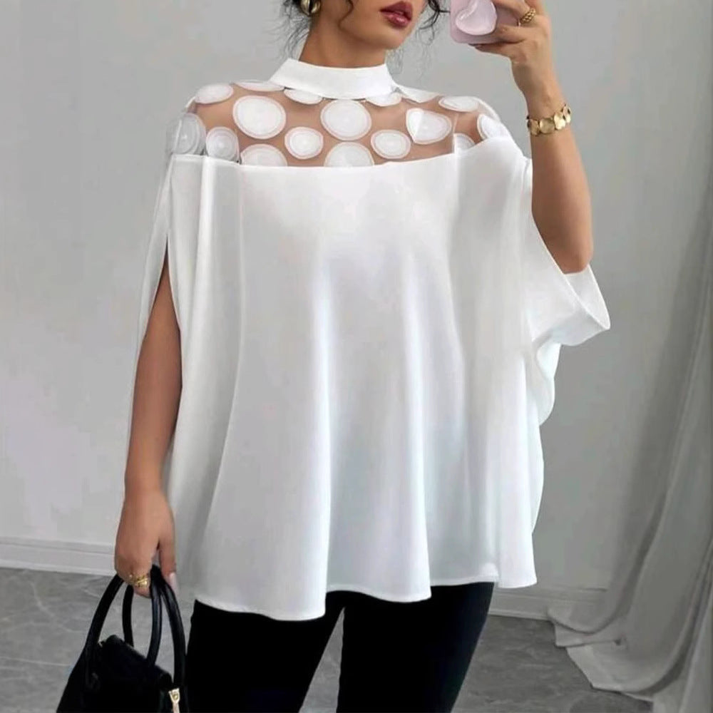 Damen nan elegante Tunika-Bluse mit Stehkragen, transparenter Rund-Applikationspasse und Cape-Ärmeln EB