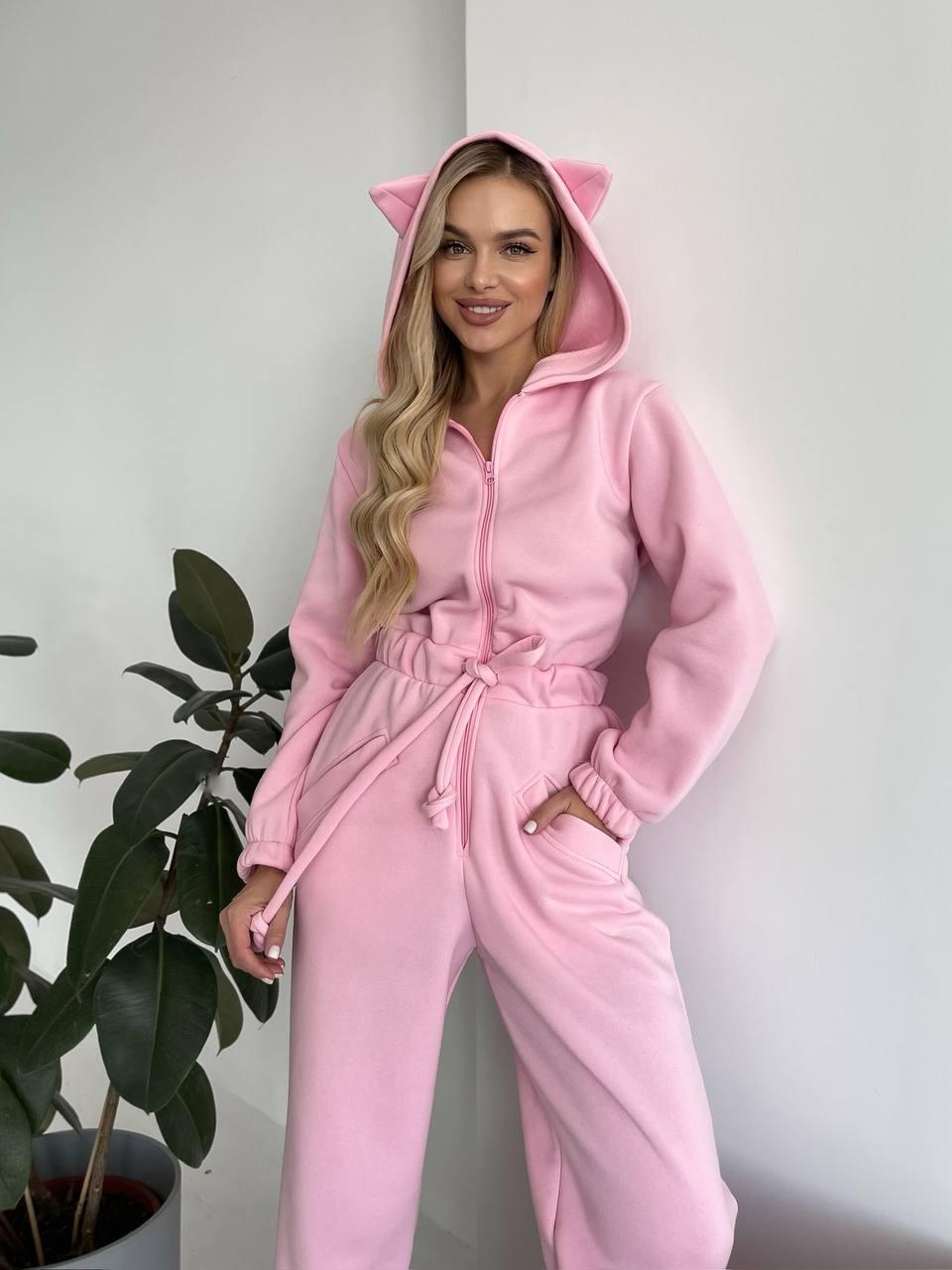 Damen Kuscheliger Kapuzen-Overall mit Katzenohren und Taillenzug EB