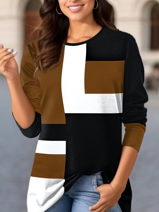 Damen nan geometrisches Colorblock Longsleeve-Tunika-Oberteil mit Rundhalsausschnitt und asymmetrischem Saum EB