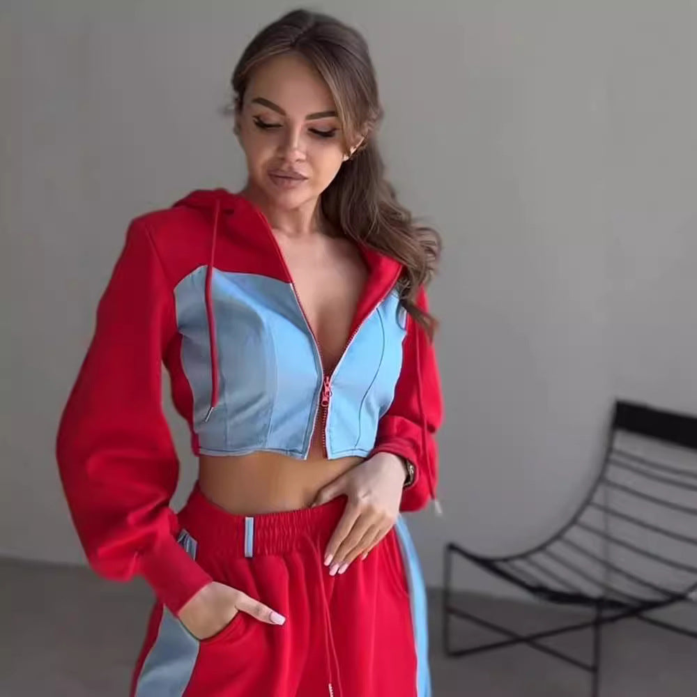 Damen sportliches Set mit cropped Kapuzenjacke und weitem Hosen EB