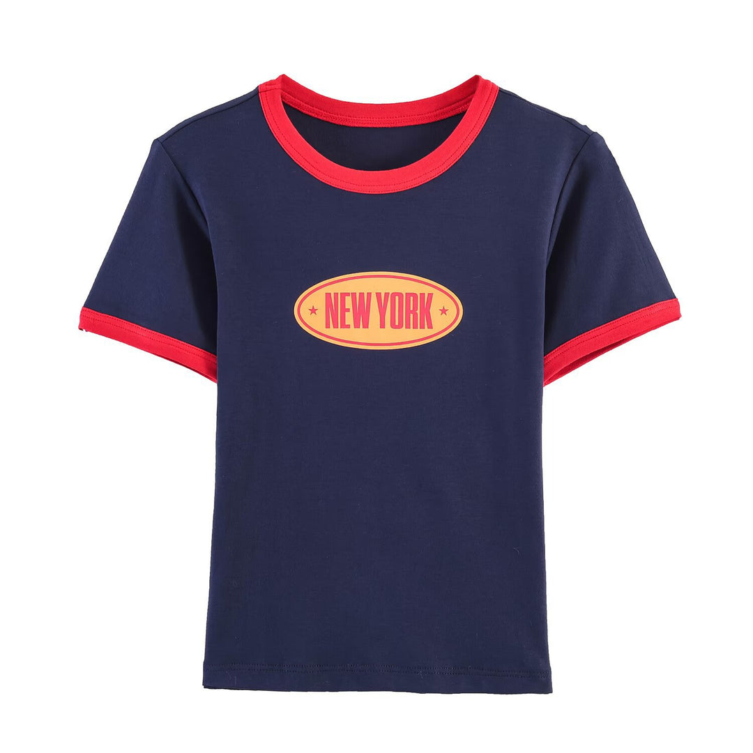 Damen modisches T-Shirt mit kontrastierenden Ärmeln und aufgedrucktem Schriftzug EB