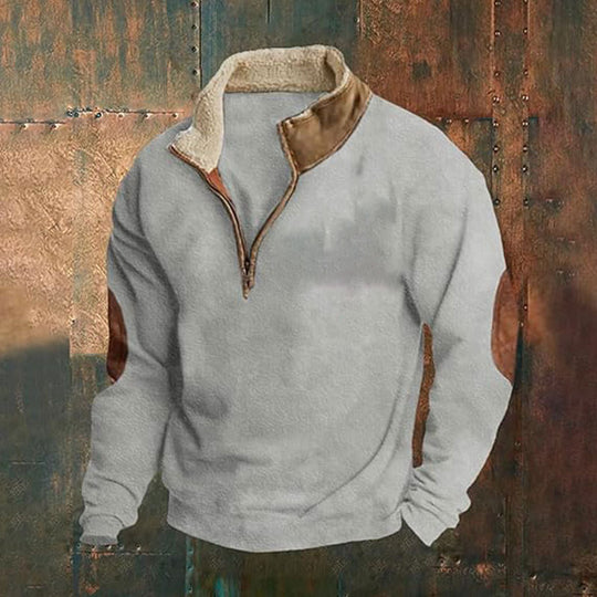Herren nan Fleece-Halbzippullover mit Sherpa-Kragen und Ellenbogenpatches EB