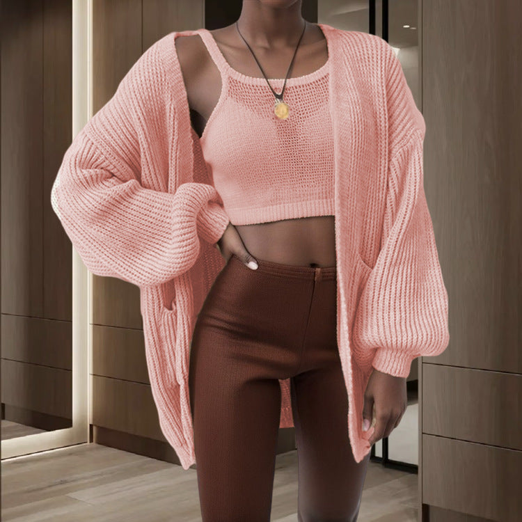 Damen Großer Strickjacke mit voluminösen Ärmeln und praktischen Taschen EB