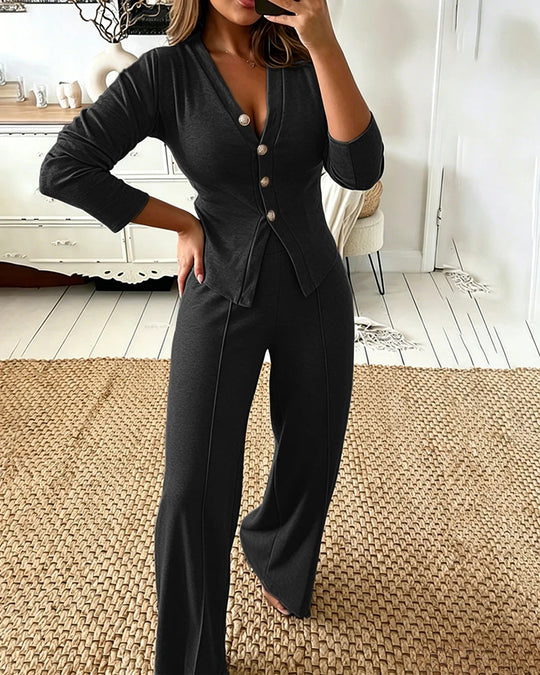 Damen Feines Strick-Set mit tailliertem Knopf-Cardigan und weitem Palazzo-Hose EB