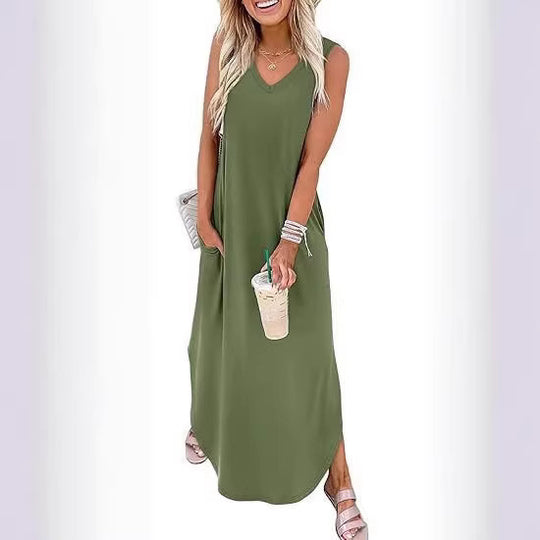 Damen Maxi-Kleid mit modernem V-Ausschnitt und praktischem Taschendesign EB