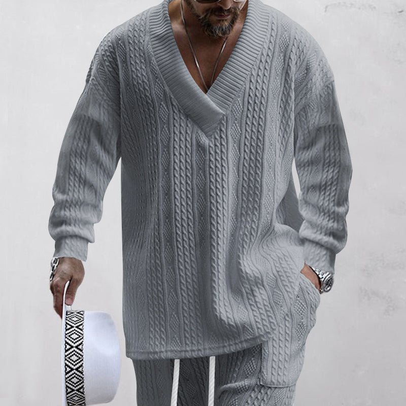 Herren nan oversized Kabelstrick V-Ausschnitt Pullover mit Relaxhose Set EB