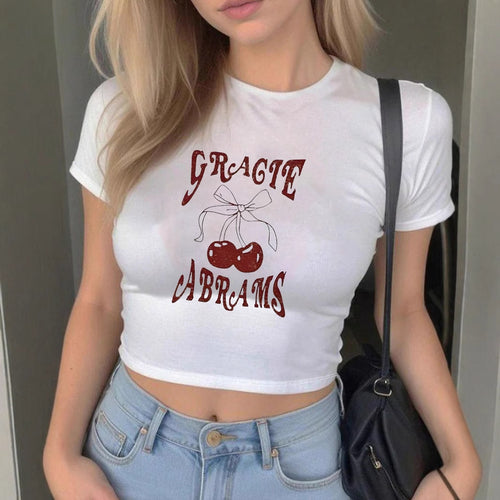 Damen Crop-T-Shirt mit fröhlichem Kirschmuster und verspieltem Schriftzug EB