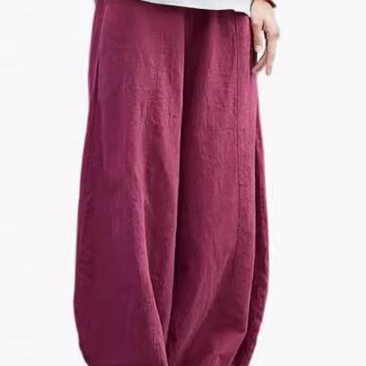 Damen weite Leinenhose mit elastischem Bund und praktischen Taschen EB