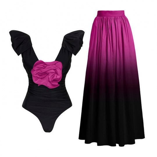 Damen Badeanzug mit elegantem Wickeldetail und langem, ombrefarbigem Rock EB