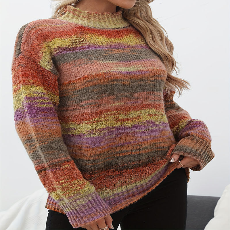 Damen Strickpullover mit buntem Wellenmuster und hohen Kragen EB