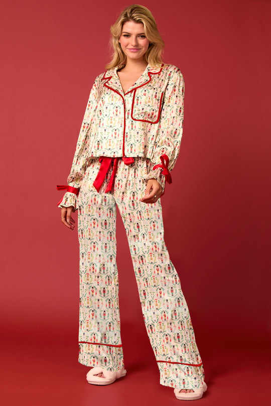 Damen luxuriöses Satin-Pyjama-Set mit niedlichem Nutcracker-Motiv EB