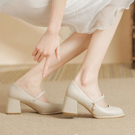 Damen Modische Mary-Jane High Heels mit eleganter Perlen-Details EB