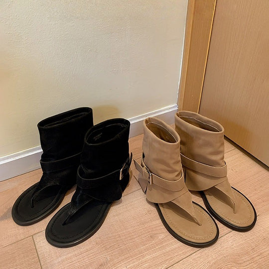 Damen modische Zehentrenner-Stiefeletten mit breitem Riemen und elegantem Schnallenverschluss EB