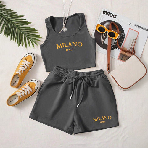 Damen Sportliches Zweiteiler Set mit Top und Shorts EB
