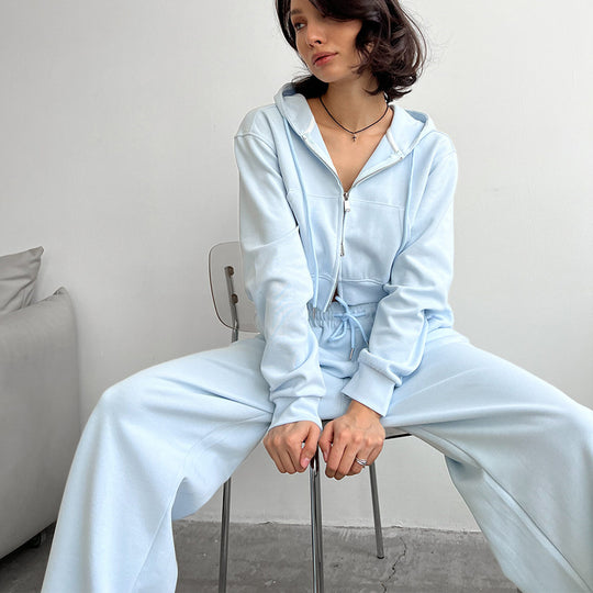 Damen Kurzes Zip-Kapuzen-Set mit taillenhoher weiter Loungehose EB