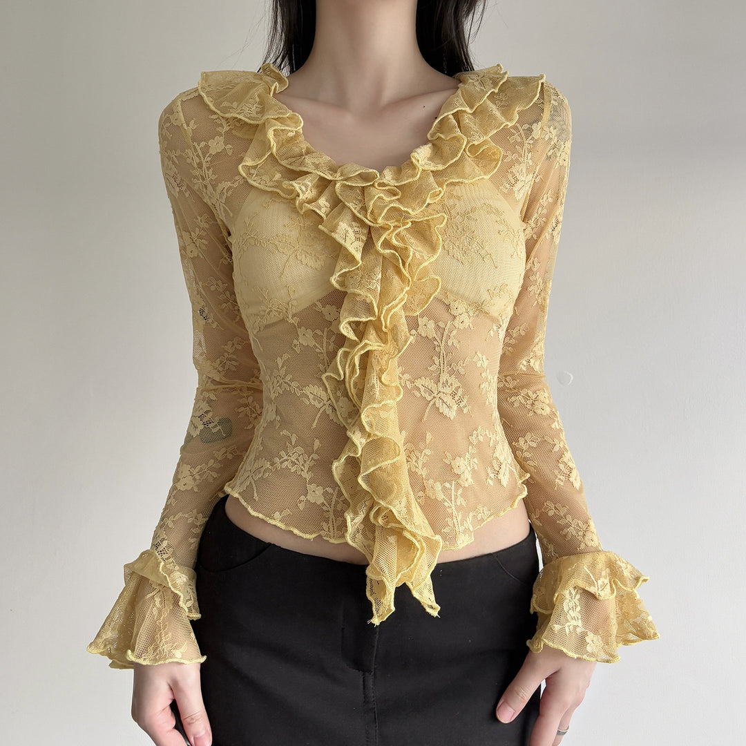 Damen Elegant verziertes Langarmoberteil aus Spitze mit Rüschen EB
