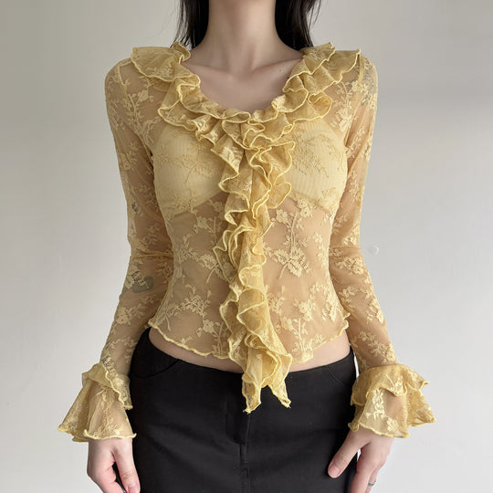 Damen Elegant verziertes Langarmoberteil aus Spitze mit Rüschen EB