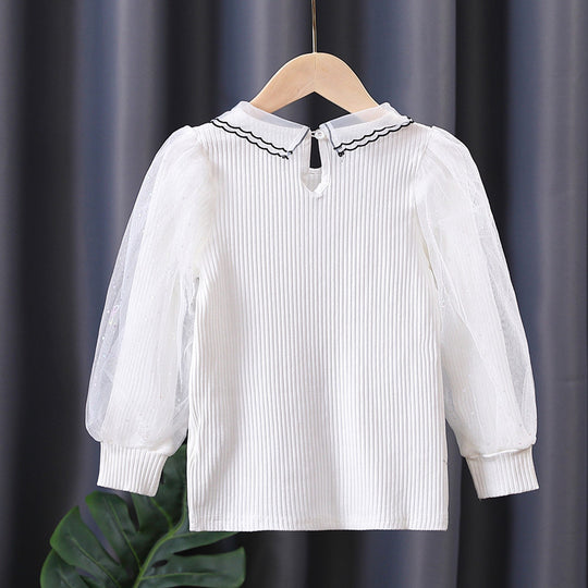 Mädchen Bluse mit transparenter Puffärmel und besticktem Kragen EB