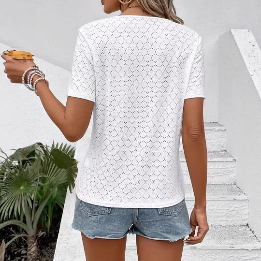 Damen V-Ausschnitt Kurzarm Shirt mit strukturiertem Design EB
