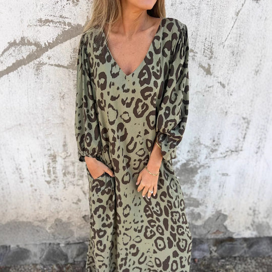 Damen Langarm Maxikleid mit Animal-Print und praktischen Taschen EB