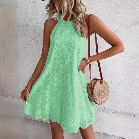 Damen luftiges Sommerkleid mit hohem Hals und femininen Details EB
