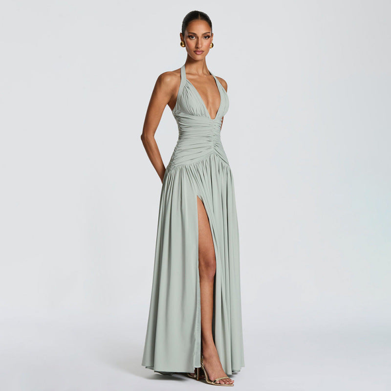 Damen Maxikleid mit tiefem V-Ausschnitt und seitlichem Schlitz EB