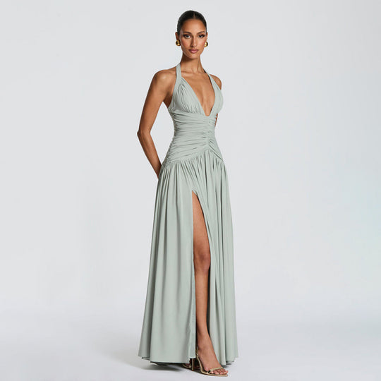 Damen Maxikleid mit tiefem V-Ausschnitt und seitlichem Schlitz EB