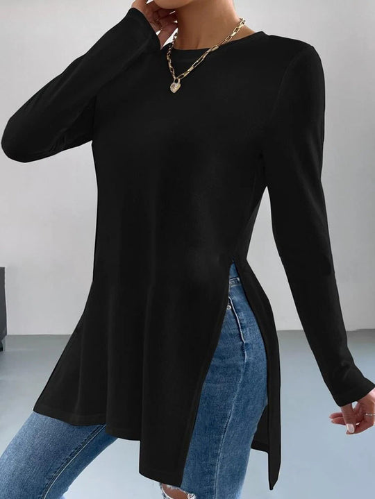 Damen asymmetrisches Longsleeve-Oberteil mit seitlichen Schlitzen und lässigem Schnitt EB