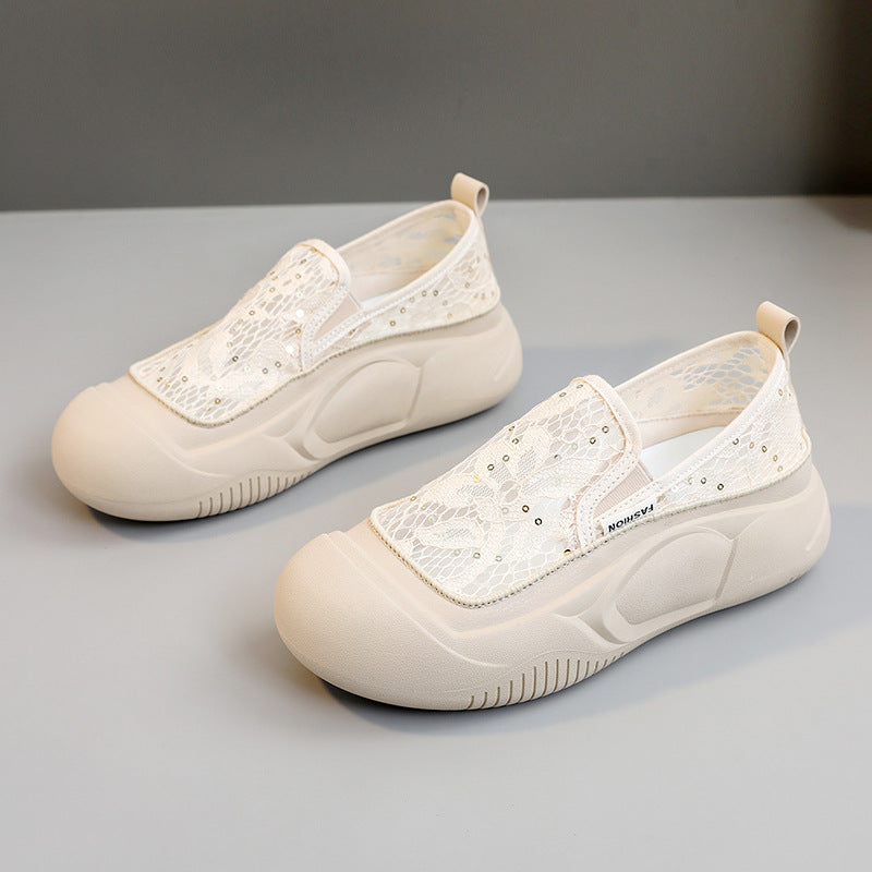 Damen bequeme Slip-On Sneakers mit luftiger Spitze und elastischem Riemen EB