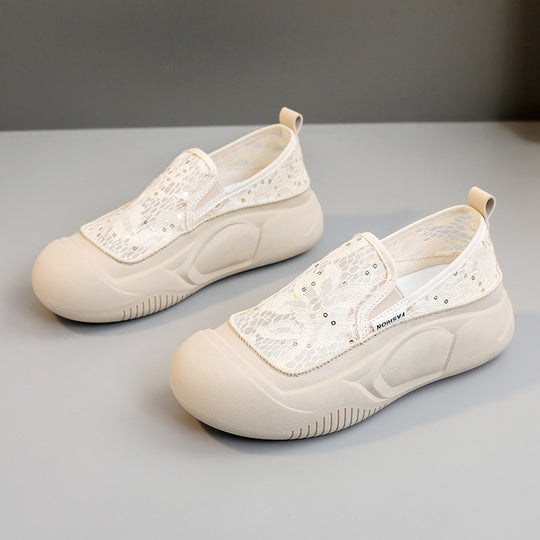 Damen bequeme Slip-On Sneakers mit luftiger Spitze und elastischem Riemen EB
