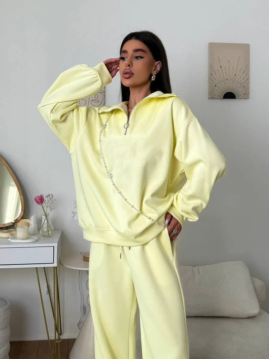 Damen lässiges Sweatset mit halbhohem Reißverschluss Kragen und weitem Jogger EB