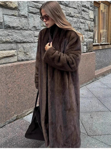 Damen Luxuriöser Kunstpelzmantel mit Elegantem Schnitt und Hohem Kragen EB