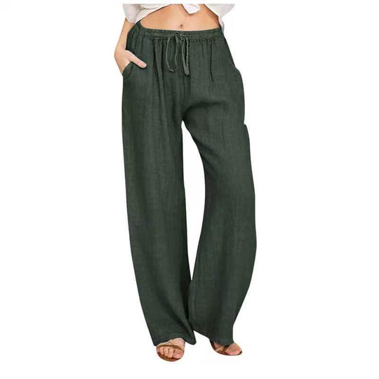 Damen nan weite Leinenhose mit Tunnelzug, hoher Bund und praktischen Seitentaschen EB