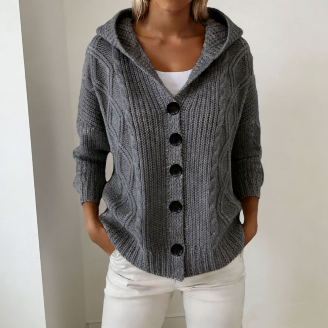 Damen Kapuzen-Cardigan aus grobem Zopfstrick mit Knopfverschluss EB