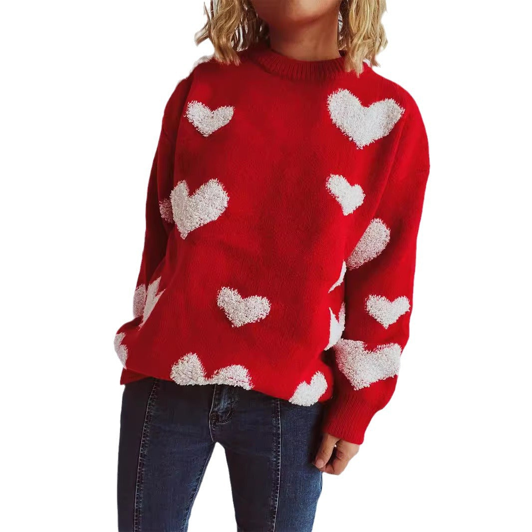 Damen Pullover mit Herzmuster und flauschigen Applikationen EB