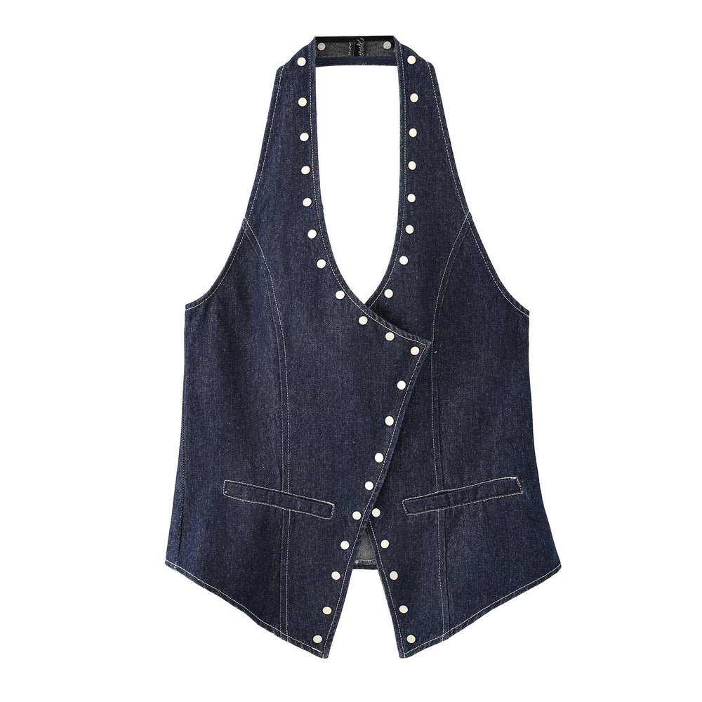 Damen elegante Denim-Weste mit dekorativen Druckknöpfen und lässigem Schnitt EB