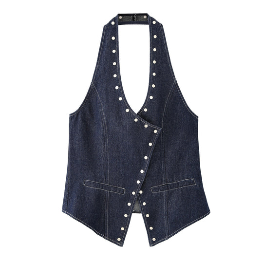 Damen elegante Denim-Weste mit dekorativen Druckknöpfen und lässigem Schnitt EB