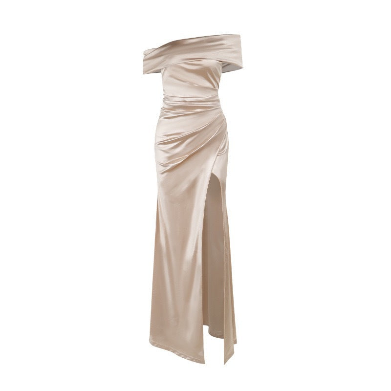 Damen Elegantes Satin Abendkleid mit asymmetrischem Träger und hohem Schlitz EB