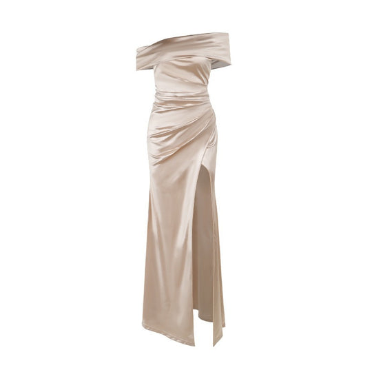 Damen Elegantes Satin Abendkleid mit asymmetrischem Träger und hohem Schlitz EB