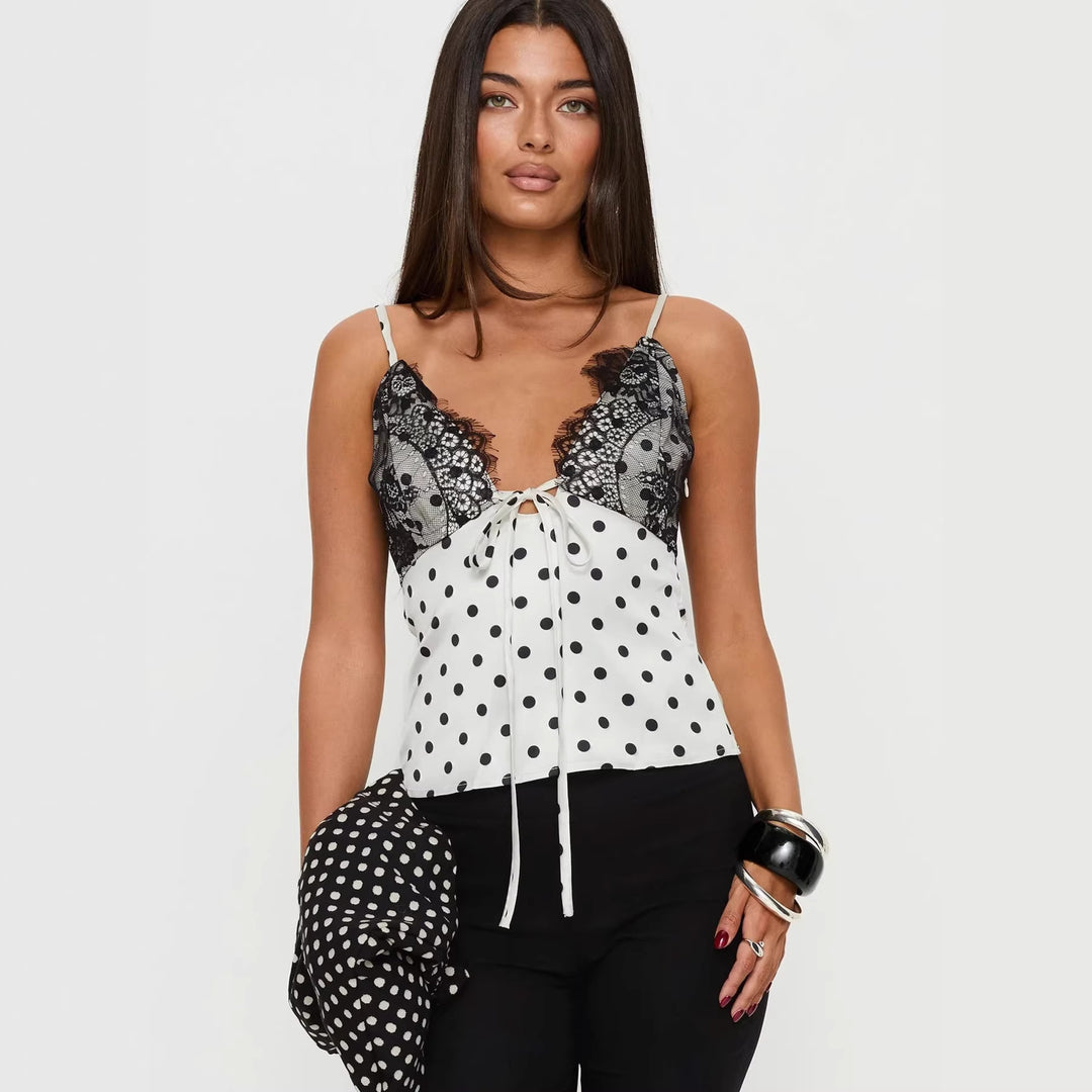 Damen Verspielt elegantes Spaghettiträgershirt mit Spitze und Punktemuster EB