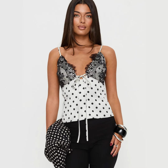 Damen Verspielt elegantes Spaghettiträgershirt mit Spitze und Punktemuster EB