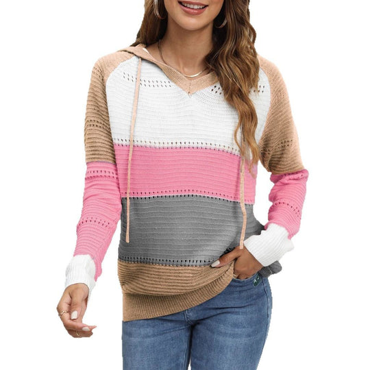 Damen Pullover mit lässigem Kapuzen-Design und einzigartigem Streifenmuster EB