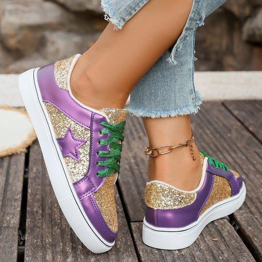 Damen modische Plateausneaker mit Glitzerpanelen, Sternapplikation und gepolsterter Komfortsohle EB