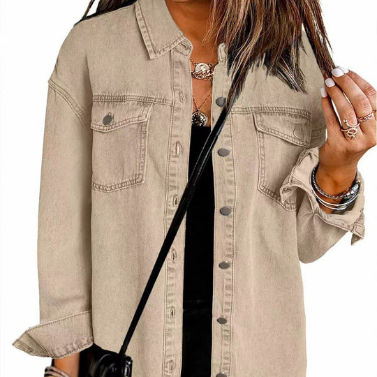 Damen Denim Overshirt mit fransigem Saum und Brusttaschen EB