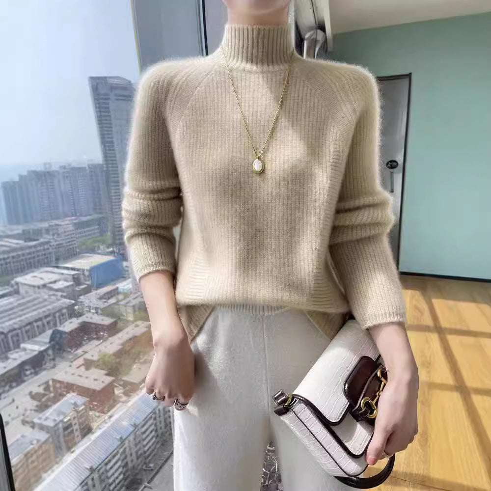 Damen Strickpullover mit hohem Kragen und feiner Rippstruktur EB